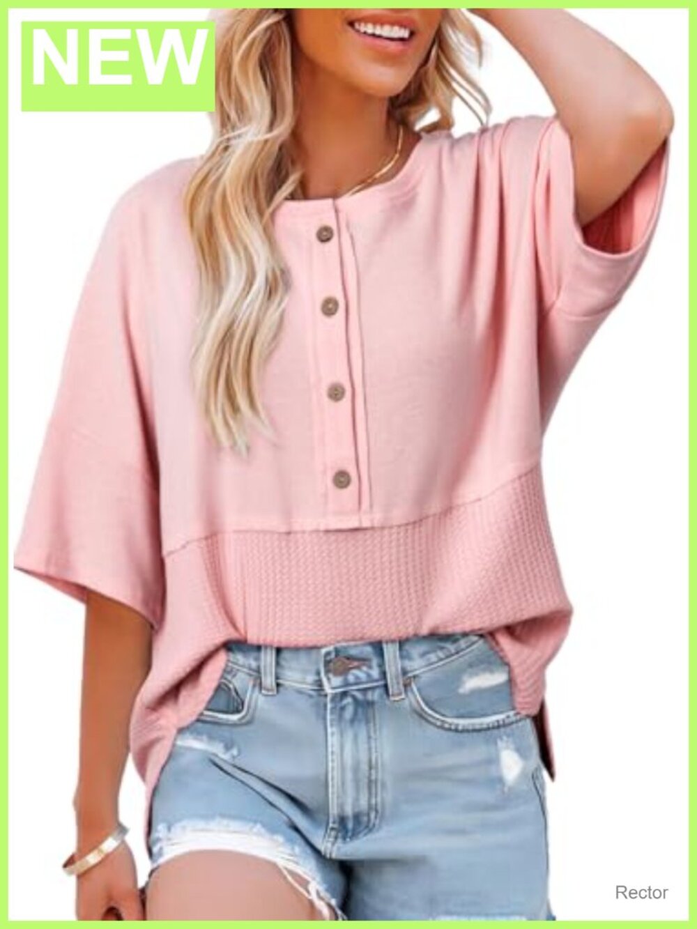 Waffle Knit Top 3/4 Sleeve Oversized Patchwork Button Blouse